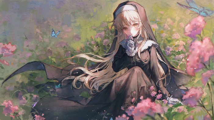 Sister Cleaire from Nijisanji with blonde hair and butterflies