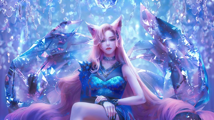 Ahri from League of Legends sitting on crystals