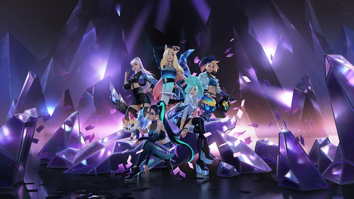 K/DA members from League of Legends in a crystal environment