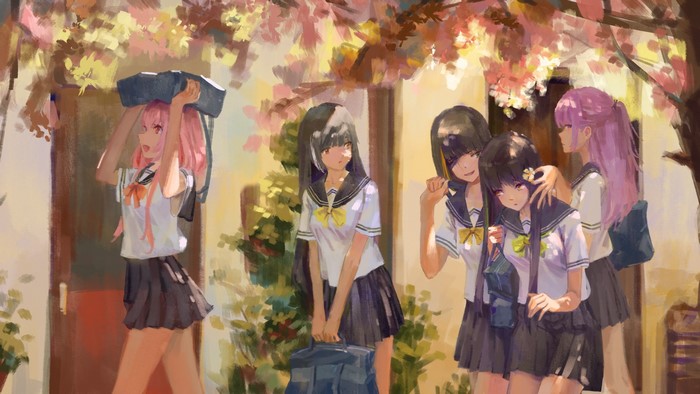 Anime girls in school uniforms under a tree