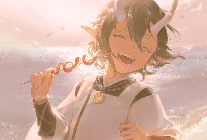 Anime girl with horns eating food by the sea