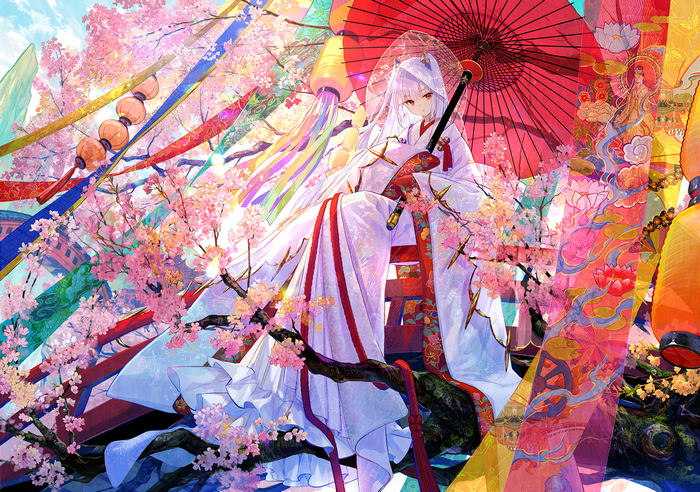 Anime girl with silver hair and red eyes holding an umbrella