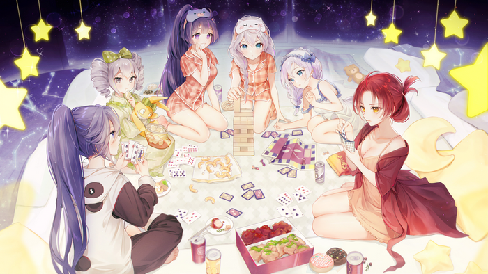 Anime girls playing cards and Jenga in pajamas