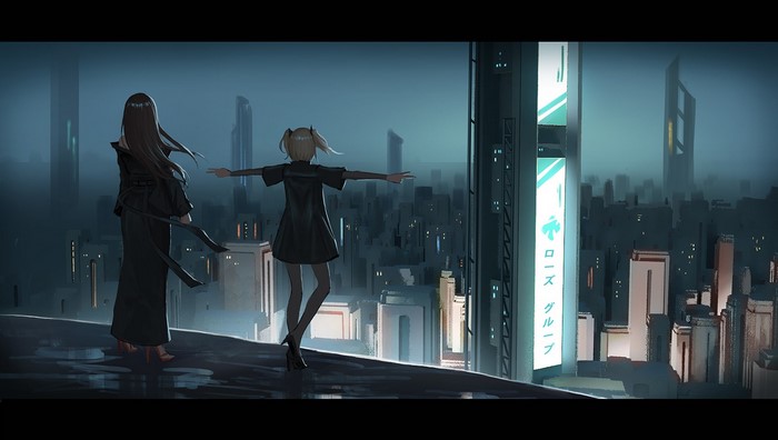 Anime girls on a futuristic cityscape rooftop