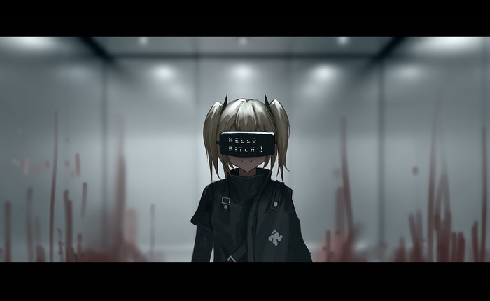 Anime girl with VR headset in bloody elevator