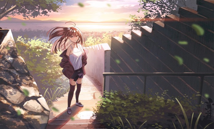 Anime girl with brown hair on stairs at sunset