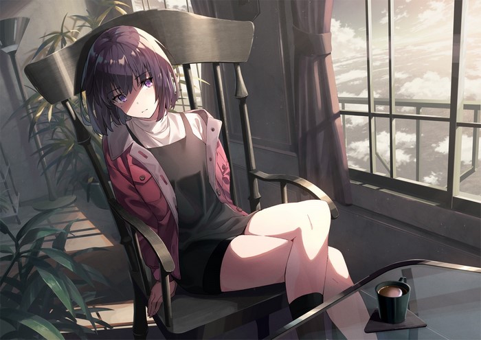 Anime girl with purple eyes sitting in a chair