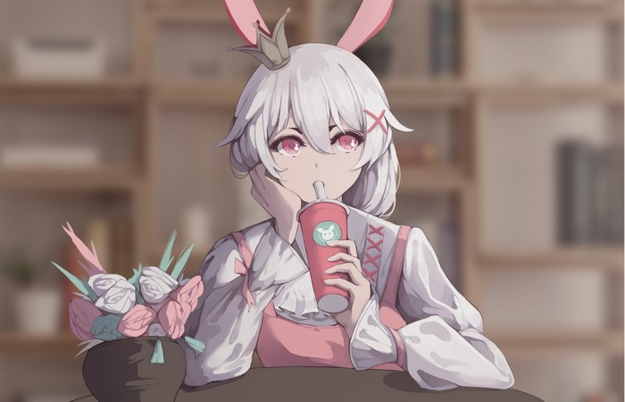 Theresa Apocalypse from Honkai Impact 3rd drinking from a cup