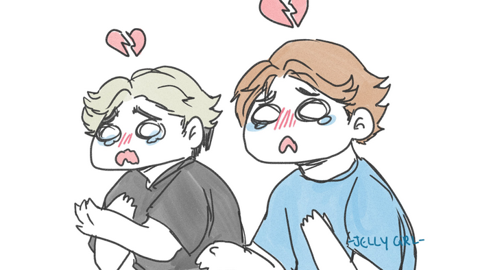 Two anime boys crying with broken hearts above them