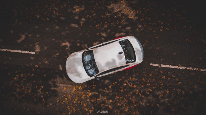White BMW M2 F84 on a road with fallen leaves