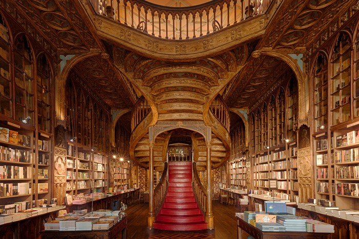 Interior of Livraria Lello bookstore in Porto, Portugal