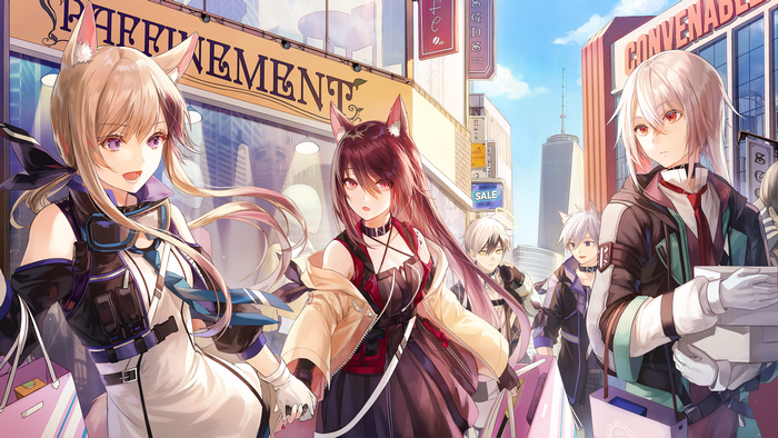 Anime characters with animal ears shopping in a city