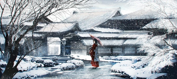 Anime girl in kimono with umbrella in snow
