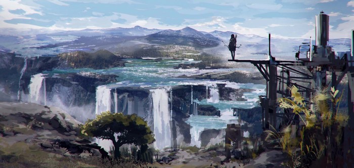 Anime landscape with a person and waterfalls