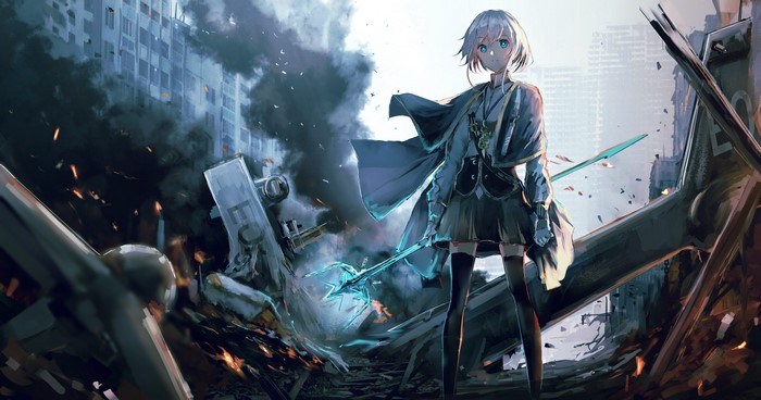 Anime girl with silver hair and weapon in ruins