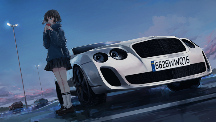 Anime girl in school uniform with Bentley car