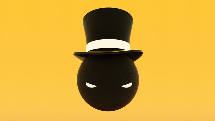 Black ball with top hat and eyes on yellow background