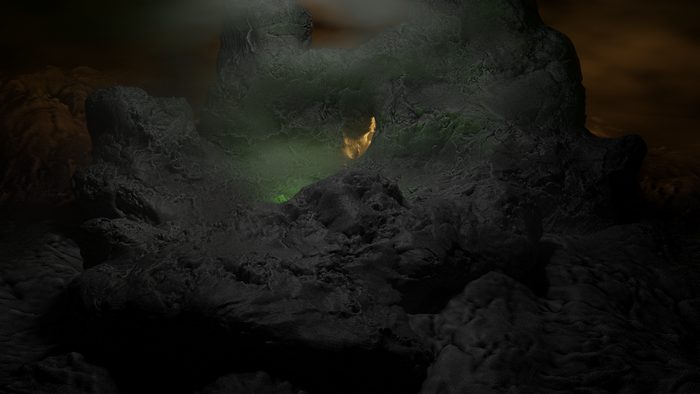 Dark cave with glowing green and yellow light