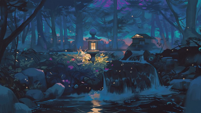 4K night forest with waterfall and Japanese house