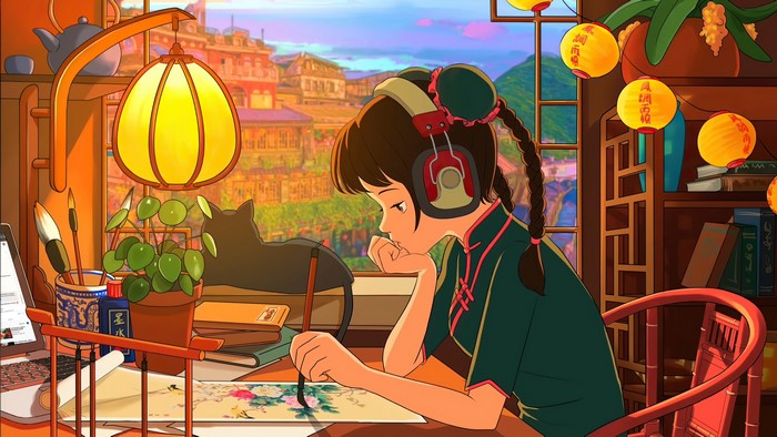 Anime girl with headphones painting by window