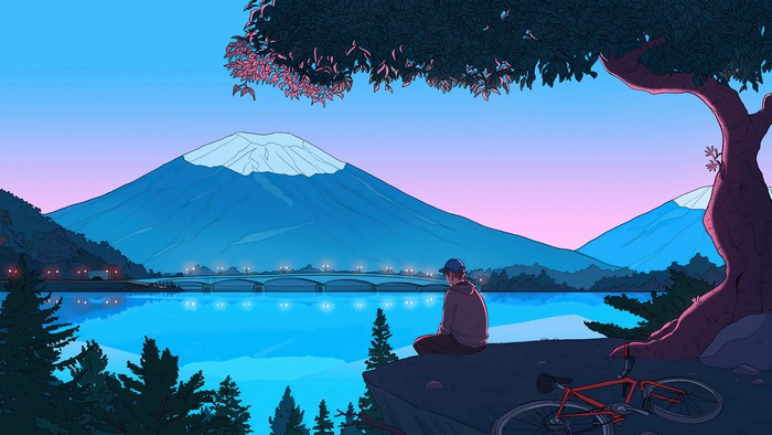 Man sitting by lake with mountains and bridge