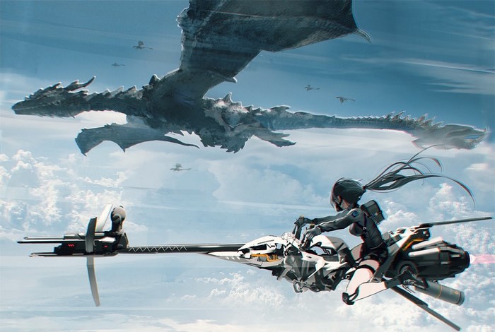 Anime girl on a futuristic motorcycle with dragons in the sky