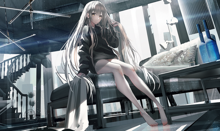 Anime girl with silver hair and brown eyes indoors