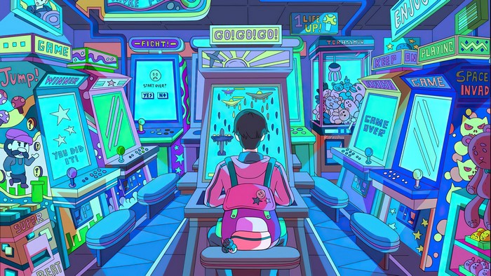 Arcade cabinet with person playing video games