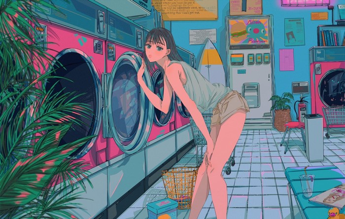 Anime girl in a laundromat with pink washing machines