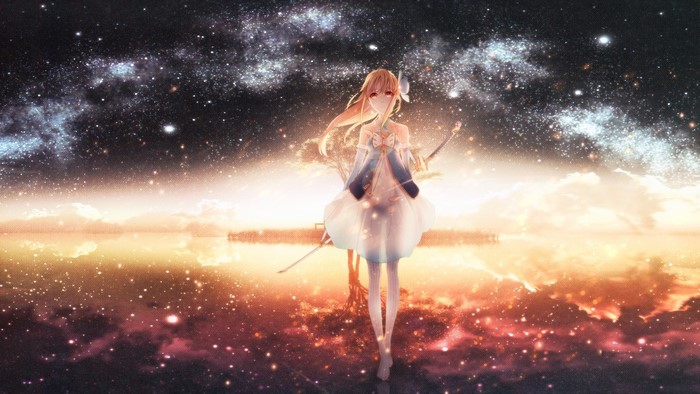Anime girl with sword under starry sky