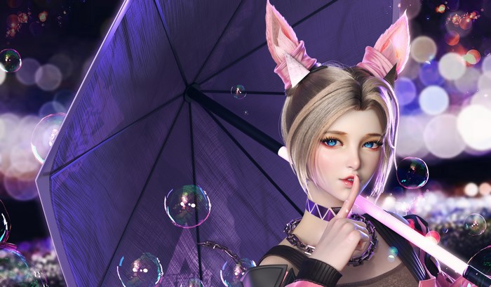 CGI woman with blonde hair and blue eyes holding an umbrella