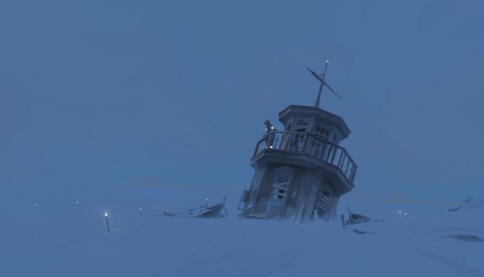 Ruined boat in a snowy, desolate landscape