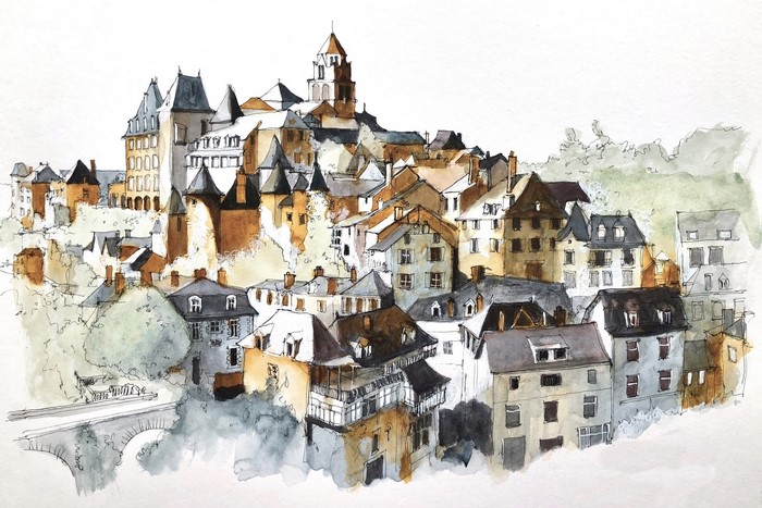 Watercolor painting of a French town with a castle