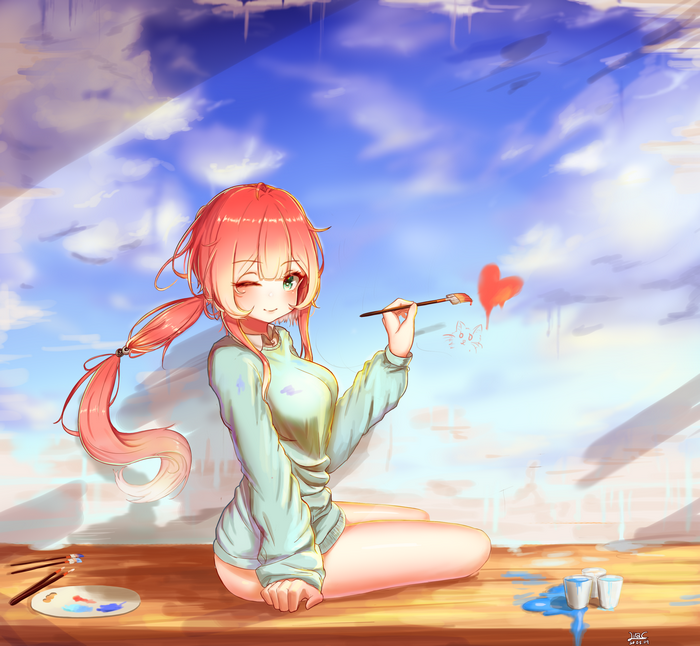 Anime girl with red hair painting a heart and cat