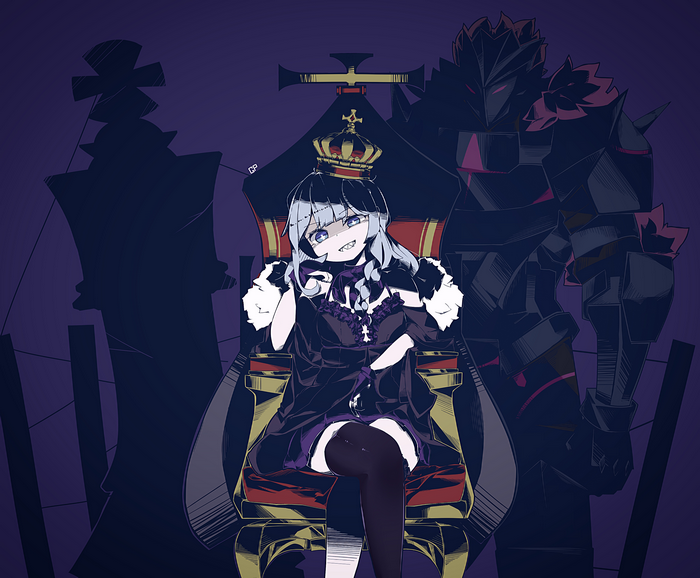 Girl with blue hair on a throne with a knight