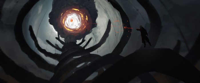 Artwork of a person fighting a giant creature