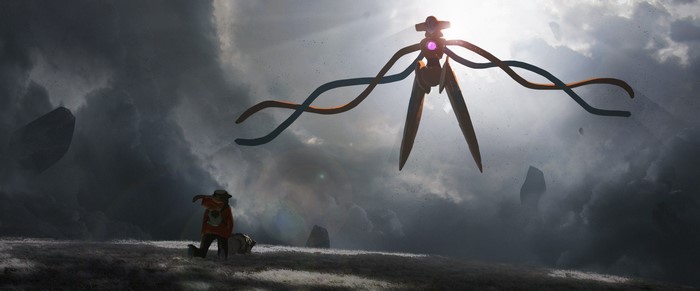 Deoxys from Pokemon and a person in a field