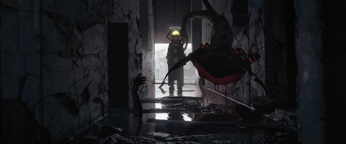 Anime girl with halo and monster in ruined hallway
