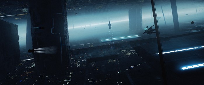 Cyberpunk city with flying vehicles