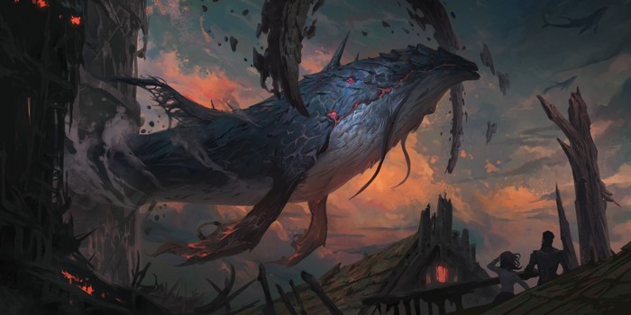 Fantasy art of a giant whale creature flying