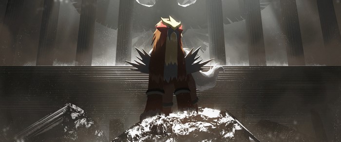 Entei from Pokémon in a grand, ruined temple