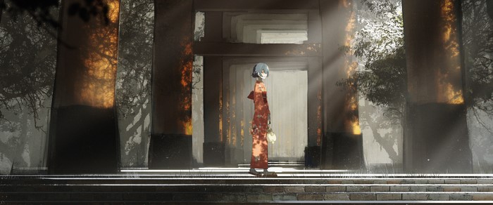 Anime girl in kimono at Torii gate