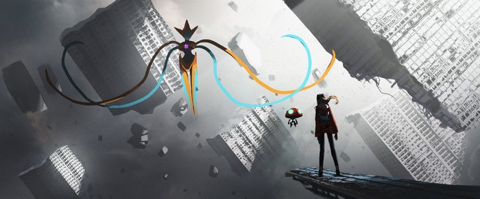 4K Pokémon: Deoxys and Orbeetle with girl in ruined city