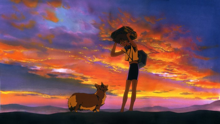 Edward from Cowboy Bebop with Ein at sunset