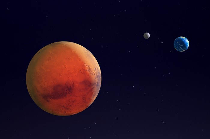 Mars, Earth, and Moon in Space with Stars