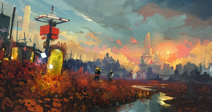 Digital art of a futuristic city at sunset