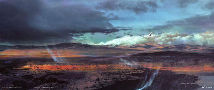 Establishing shot of a desolate alien landscape with a spacecraft