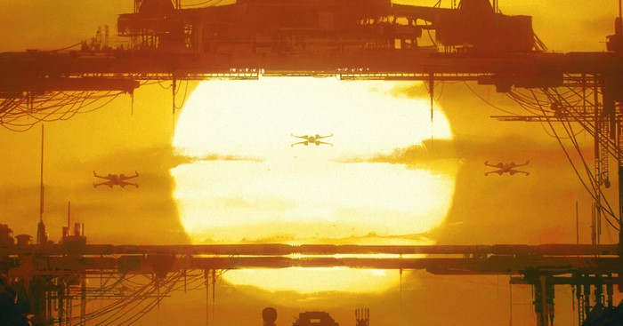 X-wings flying in front of a large sun over a futuristic city