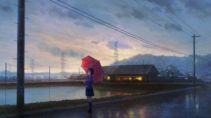 Anime girl with umbrella in the rain