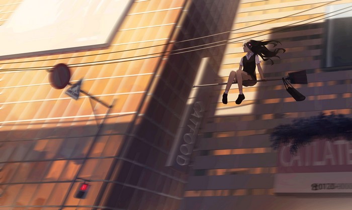 Anime girl in school uniform sitting on a wire